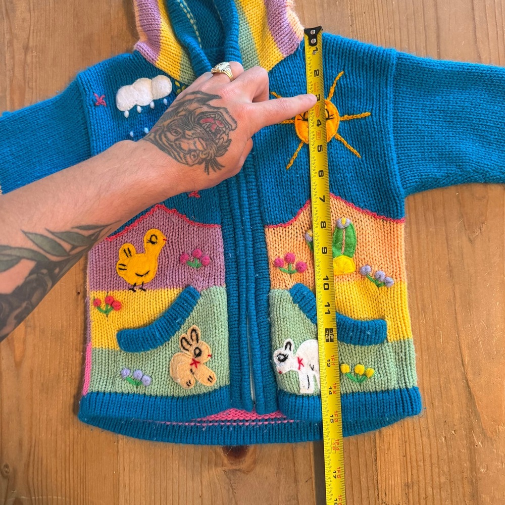 Vintage Kids Handmade Chunky Knit Hooded Sweater Animal Applique Zip Up 3T 13x16 - Picture 7 of 8